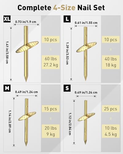 Uniclife 60 Pcs Picture Hangers, Picture Hanging Kit 4 Sizes - size: 60 Pcs, style: Gold