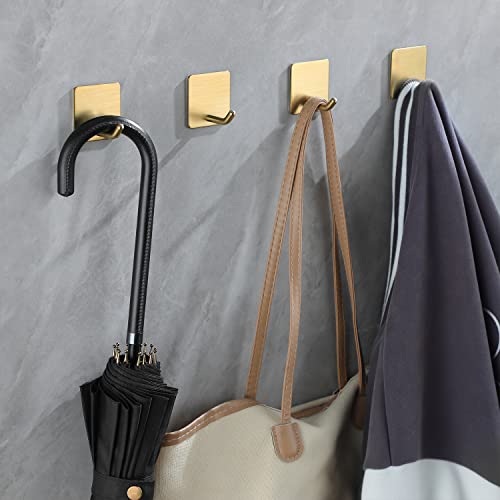 YIGII Adhesive Towel Hooks/Bathroom Hook, Gold Self Adhesive Hooks Heavy Duty Coat Hooks 4-Packs, Non-Punching for Hanging Robes Clothes Hats Stick on Kitchen Bedroom Wall Door, Stainless Steel - color: Gold