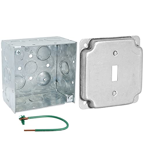 Pack of Box and Cover 4'' Square Electrical Box, Toggle Switch Exposed Work Cover, Crushed Corners, Welded Construction, Ten 1/2'' and Six TKO Knockouts, Raised Ground, 2-1/8'' - size: Toggle Switch