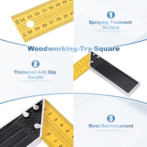 HARFINGTON 2Pcs Woodworking Square Ruler 14" Carbon Steel Try Square Metric Precision Framing Carpenter Tool Right Angle Ruler with Aluminium Handle for Professional Carpentry, Yellow Black - size: 14"
