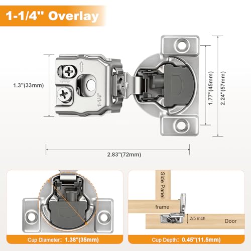 Probrico 10 Pack 5 Pair 1-1/4 inch Overlay Soft Close Cabinet Hinges Hidden Door Hinge for Kitchen Cabinet Hinges Concealed Self Closing Face Frame for Cupboard, Wardrobe, 105 Degree Opening Angel - size: 1-1/4 Inch