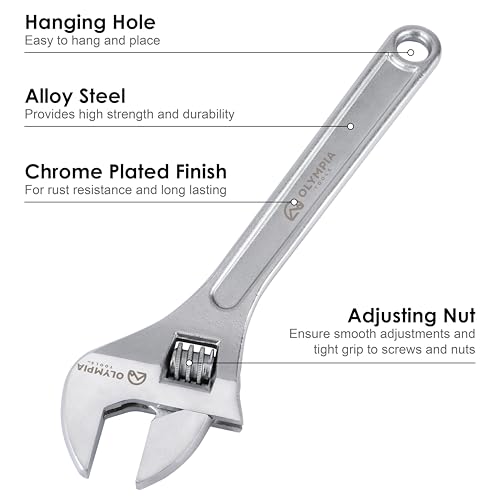 Olympia Tools 15" Adjustable Wrench, Heavy Duty Drop Forged Steel, Chrome Plated, Precision Machined Jaws, Rust Resistant - size: 15-Inch