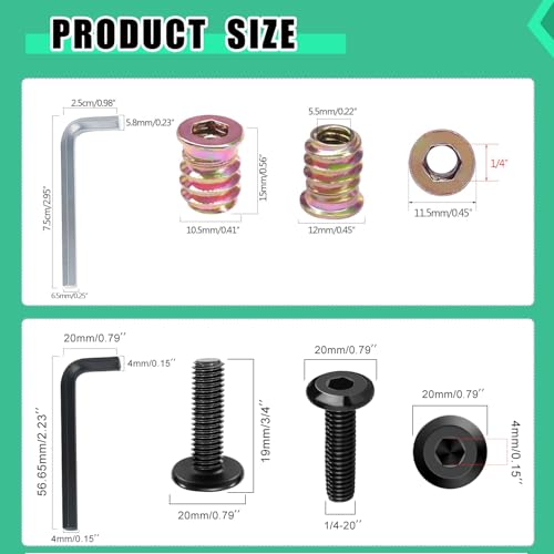 Twidec/30 Sets 1/4-20x15mm Threaded Inserts for Wood Furniture Screw Nut Kit Bolt Fastener Connector with 1/4-20x20mm Screw-in Nuts and Hex Wrench N-083-30set - size: 1/4"-20 x 15mm with Bolts (30 Sets)