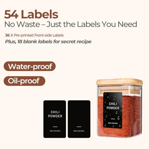 ComSaf Spice Jars 4oz 16 Pack, Seasoning Containers with labels 54 Labels | Small Glass Jars, Bamboo Lid with Silicone Seal, Kitchen Spice Drawer Organizer, Loose Tea,Herbs,Powders,Salt,Chili, BPA Free - size: 4oz*16