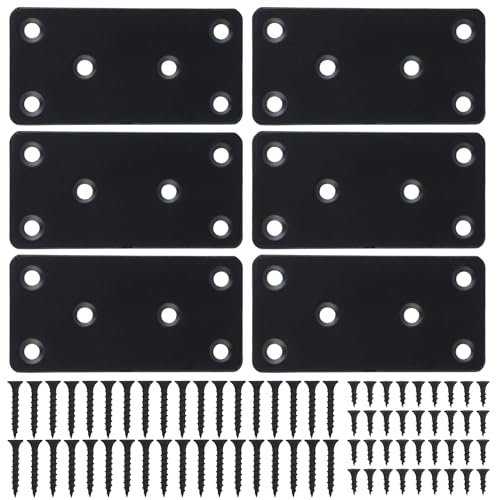 Mending Plate, Metal Steel Flat Straight Brace Bracket, Black Double-Wide Joining Plate for Wood Furniture Fastening & Fixing with 2 Sets of Screws of Different Lengths (40x80mm, 6 Pack) - size: 1.6" × 3.1"