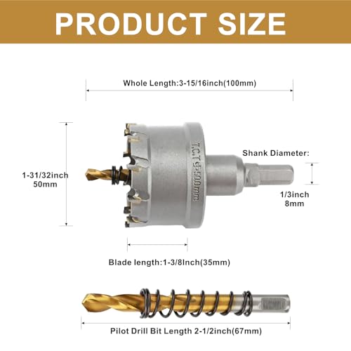 2'' TCT Hole Saw Kit Tungsten Carbide Tipped Hole Saw Drill Bit with Titanium-Plated Pilot Drill bit for Metal, Stainless Steel, Iron (50MM) - size: 50MM | 2''
