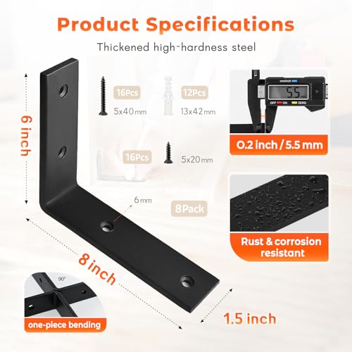 Shelf Bracket 8 Pack 8" Lx8 H 5mm Thick Heavy Duty Black L Brackets - color: Black-8pack, size: 8"Lx8"Wx1.5"W