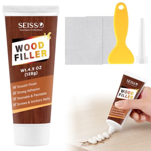 SEISSO White Wood Filler Putty, Waterproof & Paintable for Indoor Outdoor | Stainable & Sandable Wood Putty Filler - Quick Repair for Cracks, Holes, Scratches on Furniture, Cabinets, Floors, Tables
