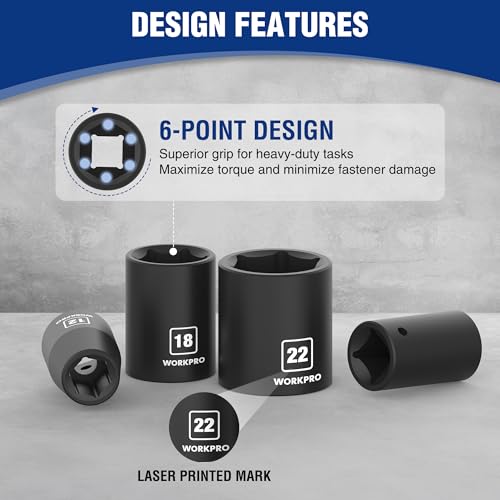 WORKPRO 1/2” Drive Shallow Impact Socket Set, Metric Cr-V Steel 6-Point Socket Set with Storage Case for Automotive Maintenance and Repairs (14PCS 10-27mm) - size: 14 PCS, Metric