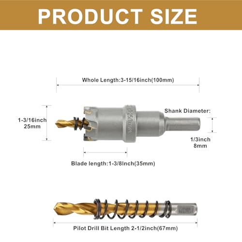 1'' TCT Hole Saw Kit Tungsten Carbide Tipped Hole Saw Drill Bit with Titanium-Plated Pilot Drill bit for Metal, Stainless Steel, Iron (25MM) - size: 25MM | 1''