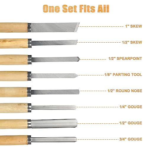 8Pcs Wood Lathe Tools, Professional Wood Turning Tools for Lathe Chisel Set with 2 Skew 1 Spear Point 1 Parting 1 Round Nose 3 Gouge Tools for Beginners Professionals Hobbyists