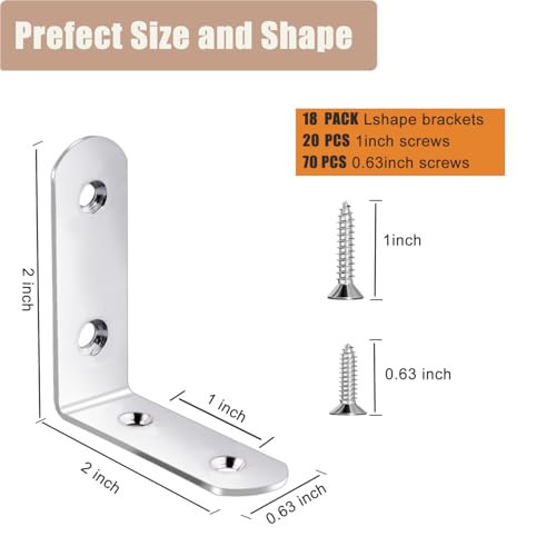 L Brackets, 2 inch Angle Corner Braces with Screws for Wood Furniture - style: 2inch L Shape Silver 18pcs