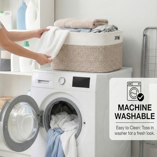 JMvicyroam 65L Large Woven Cotton Rope Blanket Basket, White&Oatmeal - color: White&Oatmeal, size: 65L