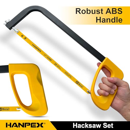 Hanpex 12in. High-Tension Hacksaw Frame with 5pcs Extra Bi-metal Blades, Hand Saw Suitable for Metal, wood, PVC, Carpentry - style: Hacksaw with 5pcs Bi-metal blades