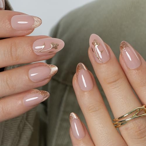 CurvLife Medium Almond Fall Golden Leaf Press On Nails, Gilded Grace Nude - color: A5 - Gilded Grace