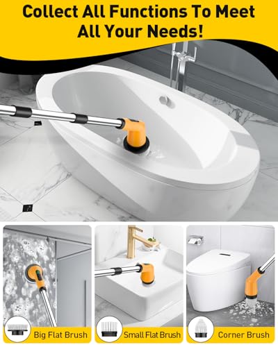 Electric Spin Scrubber for Bathroom, Shower Scrubber with Long Handle - color: Yellow, size: 3 Brush Heads
