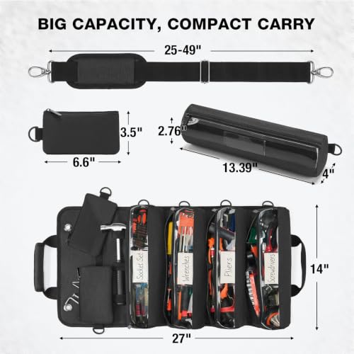 HISEA Roll Up Tool Bag Organizer, 27"*14" Portable Heavy Duty Tool Roll Bag - color: Black