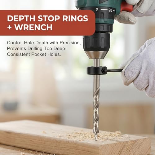 4 Pack 3/8"(9.5mm) Pocket Hole Drill Bit with Depth Stop Collar & SQ2 Driver Bits, Woodworking Pocket Hole Drill Bit Set, 1/4" Hex & Round Shank 6.5" Length Replacement for Pocket Hole Jig Systems