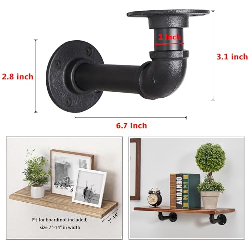 Industrial L Pipe Shelf Brackets for 7-14 in Depth Wood,Heavy-Duty 3/4" Iron,Wall Mount Floating Shelf Bracket L Metal Pipe Shelving Brackets for Wood-Black DIY Pipe Shelves(6.7*3.1 Inch 4 Pack) - size: 6.7 inch 4 pack (for 7-14 inch depth board), style: