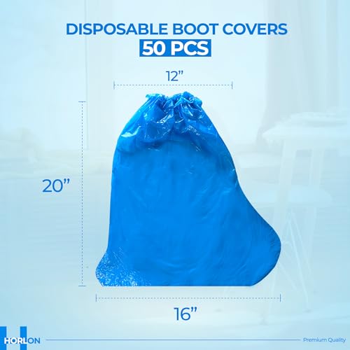 Large Thicker Boot And Shoe Covers Disposable Non-Slip 50 Pack (25 Pairs) Waterproof Durable Reusable Rain, Outdoor Indoors Overshoes, Fit Up To Men's 14, Blue, 20 Tall, Horlon