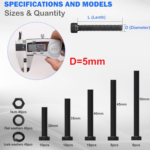 mxuteuk 185PCS M5 Screws Assortment Set, M5 Hex Socket Head Cap Screws Bolts Nuts Kit, 12.9 Grade Alloy Steel Bolts with Hex Wrench - size: 185PCS M5 x 30/35/40/45/50mm