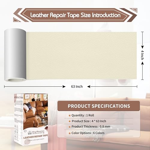 KING MOUNTAIN Leather Repair Patch,4 x 63 Inches self Adhesive Leather Repair Tape for Damaged Leather Furniture, Sofa Seating,Car Seats, Leather Goods(Beige White) - color: Beige White, size: 4" x 63"