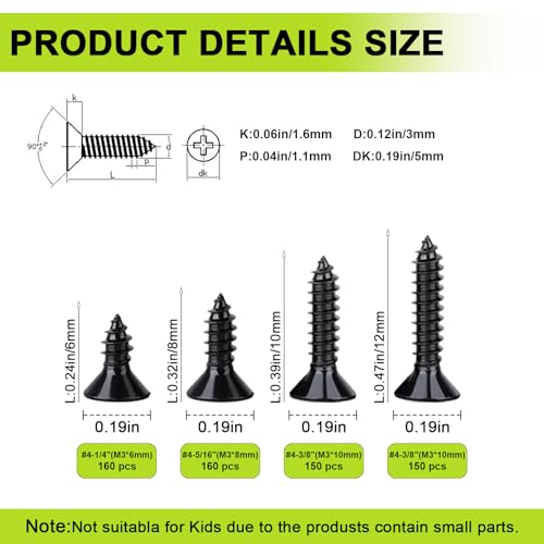 620 Pcs M3 Wood Screws Kit, Phillips Flat Head Small Screw Set - color: Black, size: #4--620PCS