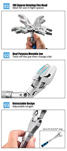 2 in 1 Flex Head Adjustable Wrench, Reversible Jaw Pipe Wrench with 10”-12” Retractable Extension Shank and 180⁰ Rotatable Head