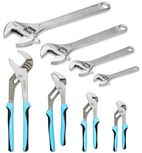 SHALL 8-Piece Adjustable Wrench & Water Pump Pliers Set, 12/10/8/6 Inch, 4Pcs Adjustable Tongue and Groove Joint Pliers and 4Pcs Wide Jaw Forged Steel Wrench for Plumbing, Gripping, Auto Home Repair