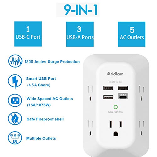 Addtam Surge Protector Outlet Extender with 5 AC and 4 USB Ports, 4.5A - size: 1c3a