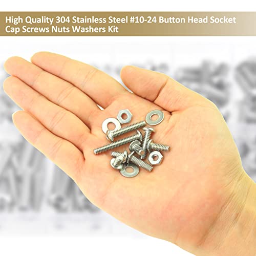 152 Pieces #10-24 x 1/4", 5/16", 3/8", 1/2", 5/8", 3/4", 1", 1-1/4", Button Head Socket Cap Screws Nuts Washers Assortment Kit, 304 Stainless Steel, Fully Machine Thread - size: #10-24, style: Button Head