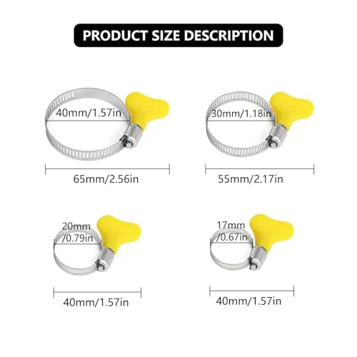 6Pcs Adjustable Hose Clamps Assortment Kit, 10-38mm Stainless Steel Worm Gear Pipe Clamps with Yellow Thumb Screw Key, Fuel Line & Tube Clip Fastener for Automotive, Plumbing, Garden, Gas Interface