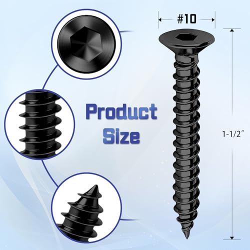 35-Piece #10 x 1-1/2" Flat Head Hex Socket Self Tapping Screws - Black Zinc Plated Steel, Countersunk Wood Screws with Drive Bit, for Woodworking & Furniture Repair - size: #10 x 1-1/2"