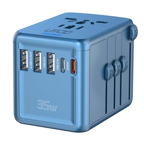Universal Travel Adapter, 35W PD Fast Charging, 5 USB C/A Ports - color: PD35W-3A2C-metallic blue