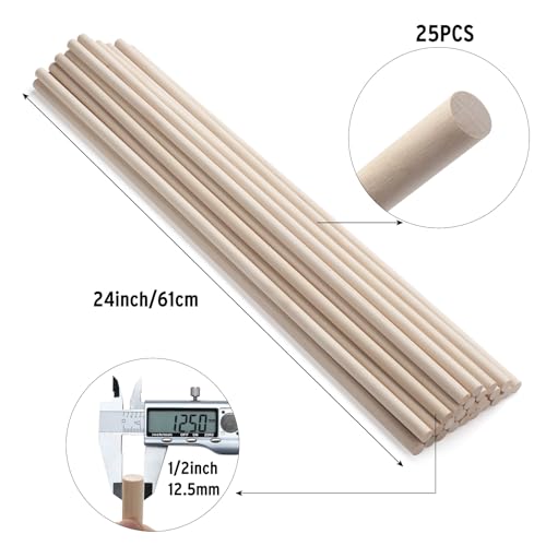 Wood Dowels Wooden Dowel Rods for Crafts, 25PCS 1/2 x 24 Round Macrame Wooden Sticks for Crafting, Unfinished Hardwood Sticks for Arts and DIYers, Tiered Cake Support and Wedding Ribbon Wands - size: 1/2"×24"-25PCS
