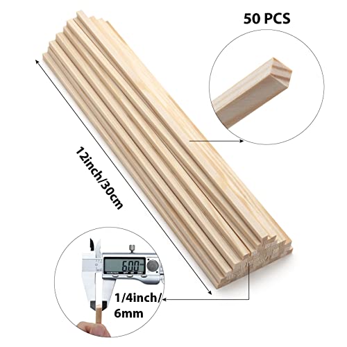 50PCS 1/4" x 12" Square Wooden Dowel Rods, Small Wood Square Dowel Rods Unfinished Wood Craft Sticks Hardwood Sticks Wooden Strips for Arts and DIYers, DIY Projects Home Decor Woodworking - size: 1/4"×12"-50PCS