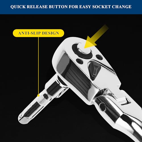 PRIDE&CRAFT 4-Piece Flex Head Ratchet Set, 1/4", 3/8", 1/2" Drive, 3/8" Stubby, 72-Tooth, Socket Wrench Quick Release Reversible Design, Swivel Head Ratchet, Chrome Alloy Made, EVA Organizer - style: 4pc Flex Head