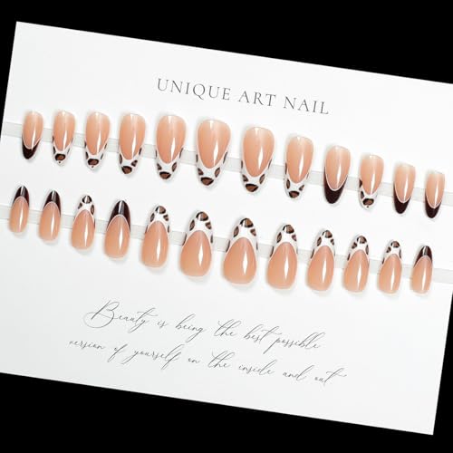 LPOODDNU Leopard Press on Nails Almond - Medium Fall Fake Nails with French Tip Designs, Glossy Finished Reusable False Nails with Double Adhesive Glue Tabs - 24Pcs Nail Kit for Women Manicure - color: leopard french tip