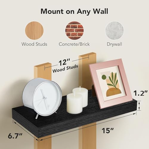Amada 15 Inch Floating Shelves with Invisible Brackets, Set of 2, Black | Wall Shelves with Hidden Bracket, Solid MDF Wood, 22 lbs Max Load per Shelf, Easy to Assemble, Multi-Wall Compatible - color: Black, size: 15 inches