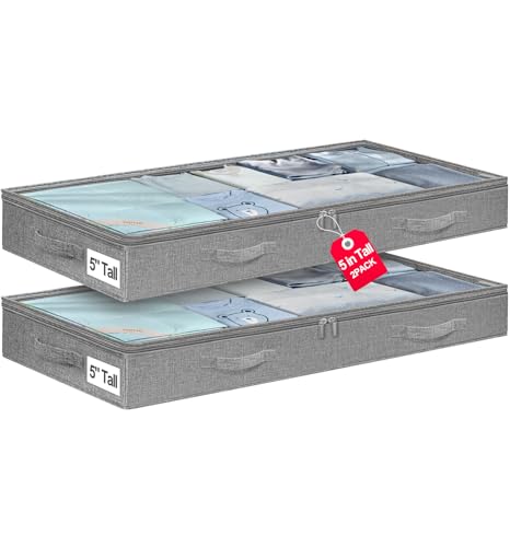 punemi 5 inch High Soft Fabric Low Profile Under Bed Storage, 2 Pack, Grey - color: Grey, size: 2 Pack-5 inch Tall-Soft