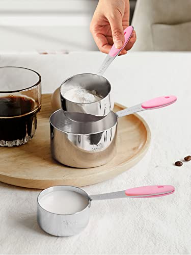 Joyhill Stainless Steel Measuring Cups and Spoons Set of 10 Piece, Nesting Metal Measuring Cups Set with Soft Touch Silicone Handles for Dry and Liquid Ingredients, Cooking & Baking (Pink) - color: c)Stainless Steel-Pink
