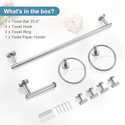 TQKAG 8-Pieces Bathroom Hardware Set Brushed Nickel SUS304 Stainless Steel Bath Towel Bar Set 23.6 Inch Round Bathroom Accessories Kit Wall Mounted - color: Brushed Nickel, size: 8-Pieces Set