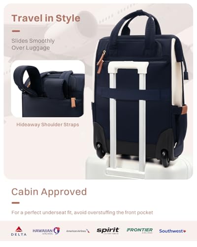 Rolling Puffer Backpack for Women, Travel Backpack with Wheels, 16 Inch Wheeled Laptop Backpck, Dual-Opening Design Overnight College Underseat Carry on Luggage, Roller Business Work Bag, Navy Blue - color: Navy Blue