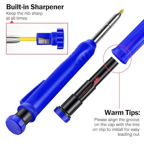 Hiboom 2 Pack Carpenter Pencils with Pencil Cap and 18 Refills, Blue - color: Blue