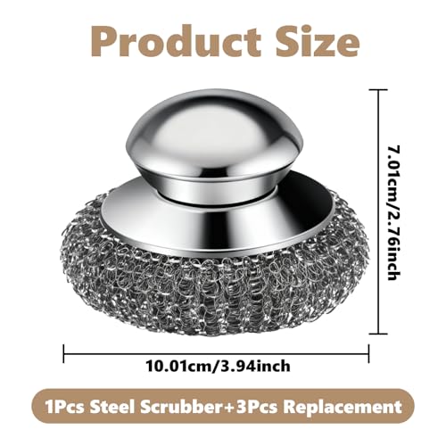 Steel Wool Scrubber, 4-Pack Stainless Steel Scrubber Pads with Handle - The Ultimate Scouring Solution for Rust, Stubborn Messes on Cookware, Grill, Oven & Kitchen Sinks - size: 1 Handle+3 Pads