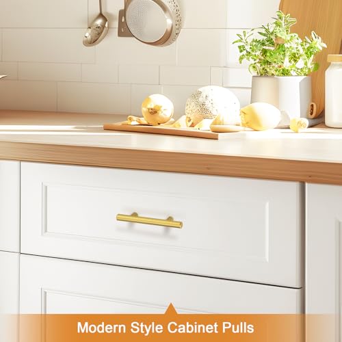 Probrico 5 Pack 3 Inch Center-to-Center Kitchen Cabinet Pulls T Bar Gold Cabinet Handles Modern Drawer Hardware Dresser Pulls, 5 Inch Total Length - color: Gold, size: hole center 3"