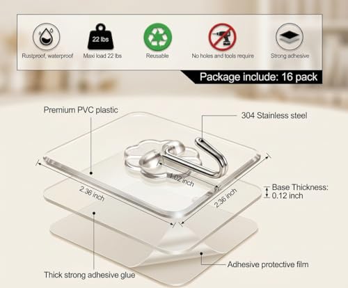Adhesive Wall Hooks, Clear, Plastic, Heavy Duty, 16 Pack