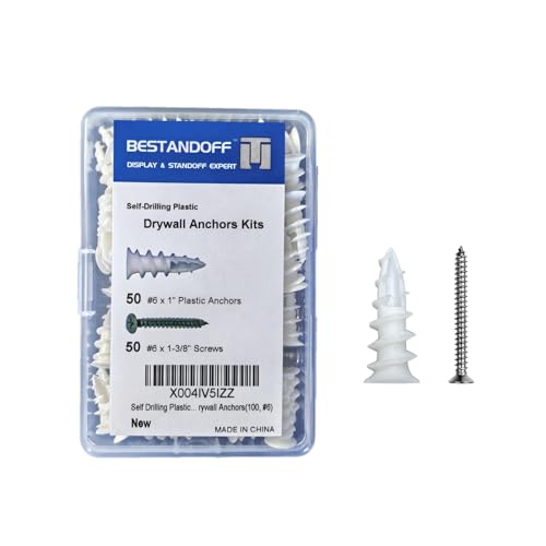 Self Drilling Plastic Dry Wall Anchor, Wall Anchors with Stainless Steel Screws Assortment Kit 100PCS, 50 Plastic Wall Anchors and 50 Flat Head Screws, Drywall Anchors(100, #6) - size: #6