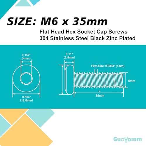 M6 x 35mm 20Pcs Flat Head Hex Socket Cap Screws, 304 Stainless Steel 18-8, Black Zinc Plated, Connection Furniture Bolts, Full Thread - size: M6 x 35mm(20PCS)