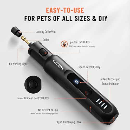 Katerk Pet Dog Nail Grinder - 5 Speed Quiet 32PCS Electric Dog Nail Trimmer - color: Black